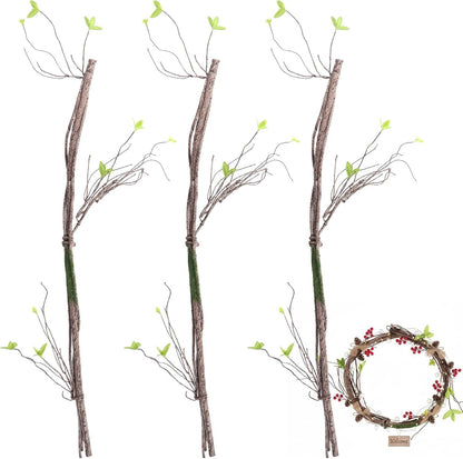 3 PCS Artificial Bendable Tree Branches, Realistic Faux Dried Branch with Moss, Flexible Vine-Style Twigs with Leaves, Craft Stems for Home Decor, Floral Arrangements, Wreaths, Seasonal Displays