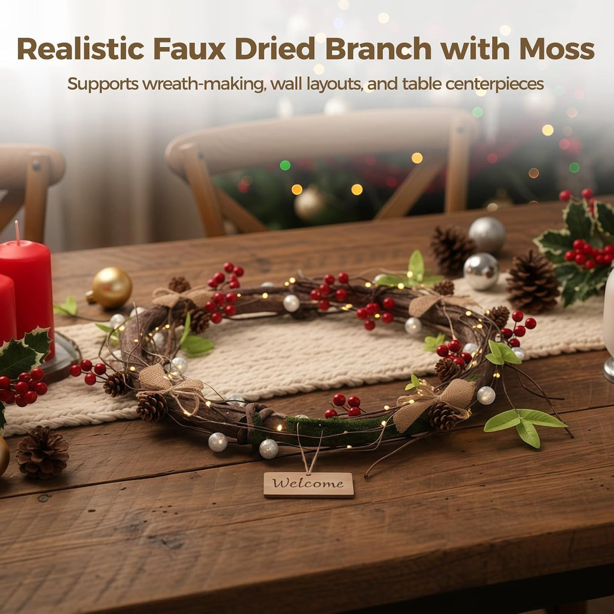 3 PCS Artificial Bendable Tree Branches, Realistic Faux Dried Branch with Moss, Flexible Vine-Style Twigs with Leaves, Craft Stems for Home Decor, Floral Arrangements, Wreaths, Seasonal Displays
