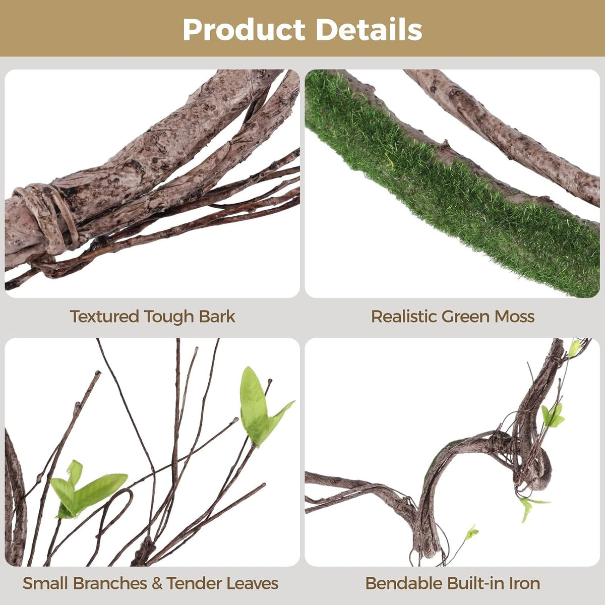 3 PCS Artificial Bendable Tree Branches, Realistic Faux Dried Branch with Moss, Flexible Vine-Style Twigs with Leaves, Craft Stems for Home Decor, Floral Arrangements, Wreaths, Seasonal Displays
