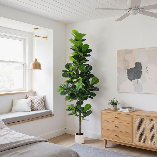Artificial Fiddle Leaf Fig Tree 7FT with Planter Faux Trees Indoor Tall Artificial Tree, Stable Base, 128 Realistic Leaves, for Indoor/Outdoor Home Office Living Room Decor, Housewarming Gift