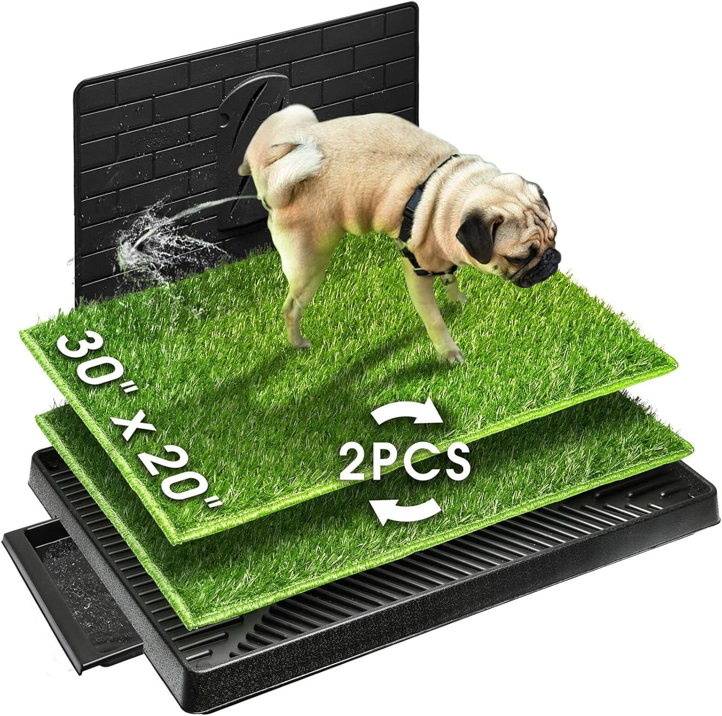 Dog Potty with Tray Large 30''x20'', 2 Artificial Grass Patch for Indoor and Outdoor Use, Puppy Turf Grass Pad Reusable Training Pads with Pee Baffle, Ideal for Dogs