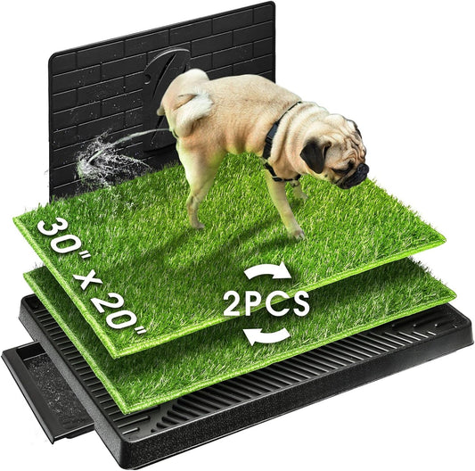 Dog Potty with Tray Large 30''x20'', 2 Artificial Grass Patch for Indoor and Outdoor Use, Puppy Turf Grass Pad Reusable Training Pads with Pee Baffle, Ideal for Dogs