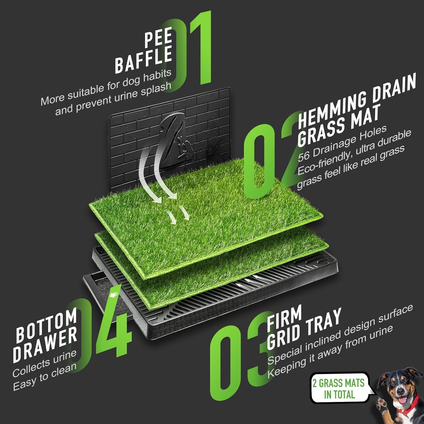 Dog Potty with Tray Large 30''x20'', 2 Artificial Grass Patch for Indoor and Outdoor Use, Puppy Turf Grass Pad Reusable Training Pads with Pee Baffle, Ideal for Dogs