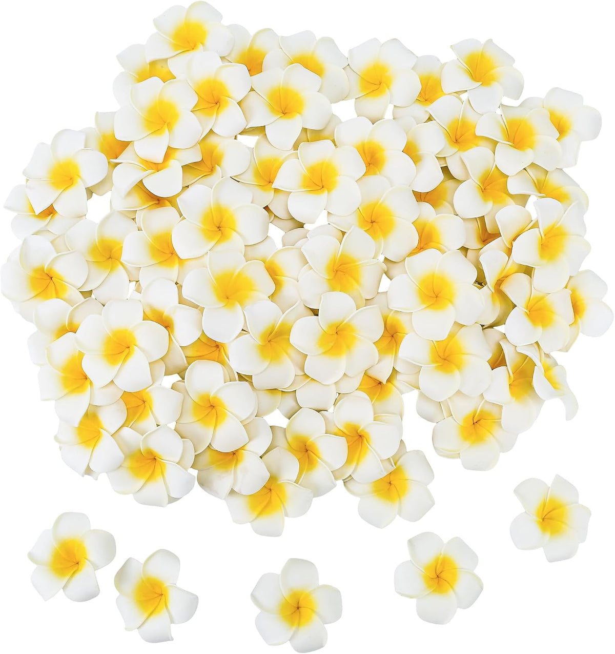 100Pcs 1.9'' White Hawaiian Plumeria Foam Flower Heads, Artificial Frangipani with Petal for Hair Clips, Lei Making Supplies, Hat Cap Ornament, DIY Floral Craft Decor, Spring Wedding Beach Party Home