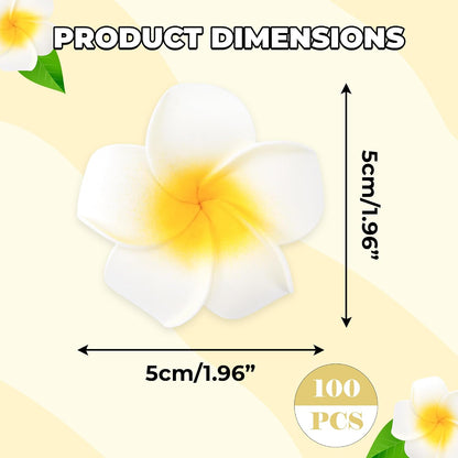 100Pcs 1.9'' White Hawaiian Plumeria Foam Flower Heads, Artificial Frangipani with Petal for Hair Clips, Lei Making Supplies, Hat Cap Ornament, DIY Floral Craft Decor, Spring Wedding Beach Party Home