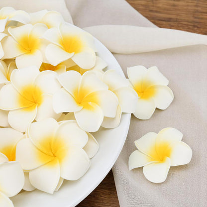 100Pcs 1.9'' White Hawaiian Plumeria Foam Flower Heads, Artificial Frangipani with Petal for Hair Clips, Lei Making Supplies, Hat Cap Ornament, DIY Floral Craft Decor, Spring Wedding Beach Party Home