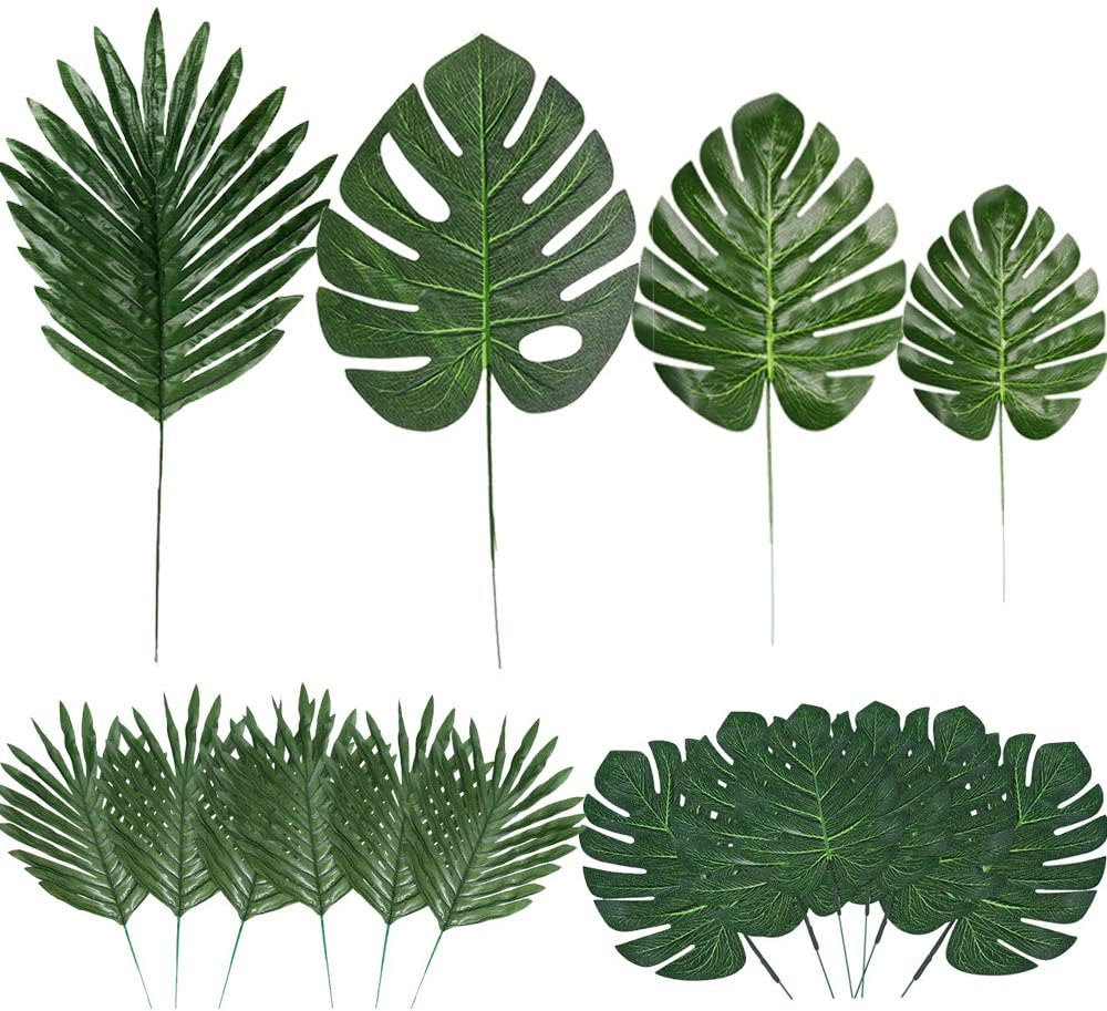 4 Kinds Artificial Palm Leaves with Faux Stems Tropical Plant Leaves Monstera Leaves Safari Leaves for Hawaiian Luau Party Jungle Beach Table Leave Decorations