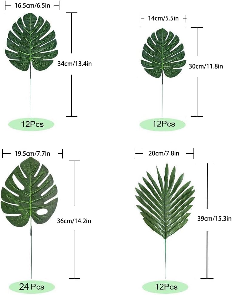 4 Kinds Artificial Palm Leaves with Faux Stems Tropical Plant Leaves Monstera Leaves Safari Leaves for Hawaiian Luau Party Jungle Beach Table Leave Decorations