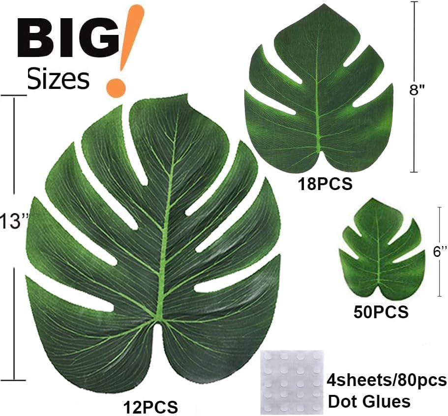4 Kinds Artificial Palm Leaves with Faux Stems Tropical Plant Leaves Monstera Leaves Safari Leaves for Hawaiian Luau Party Jungle Beach Table Leave Decorations
