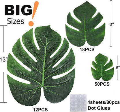 4 Kinds Artificial Palm Leaves with Faux Stems Tropical Plant Leaves Monstera Leaves Safari Leaves for Hawaiian Luau Party Jungle Beach Table Leave Decorations