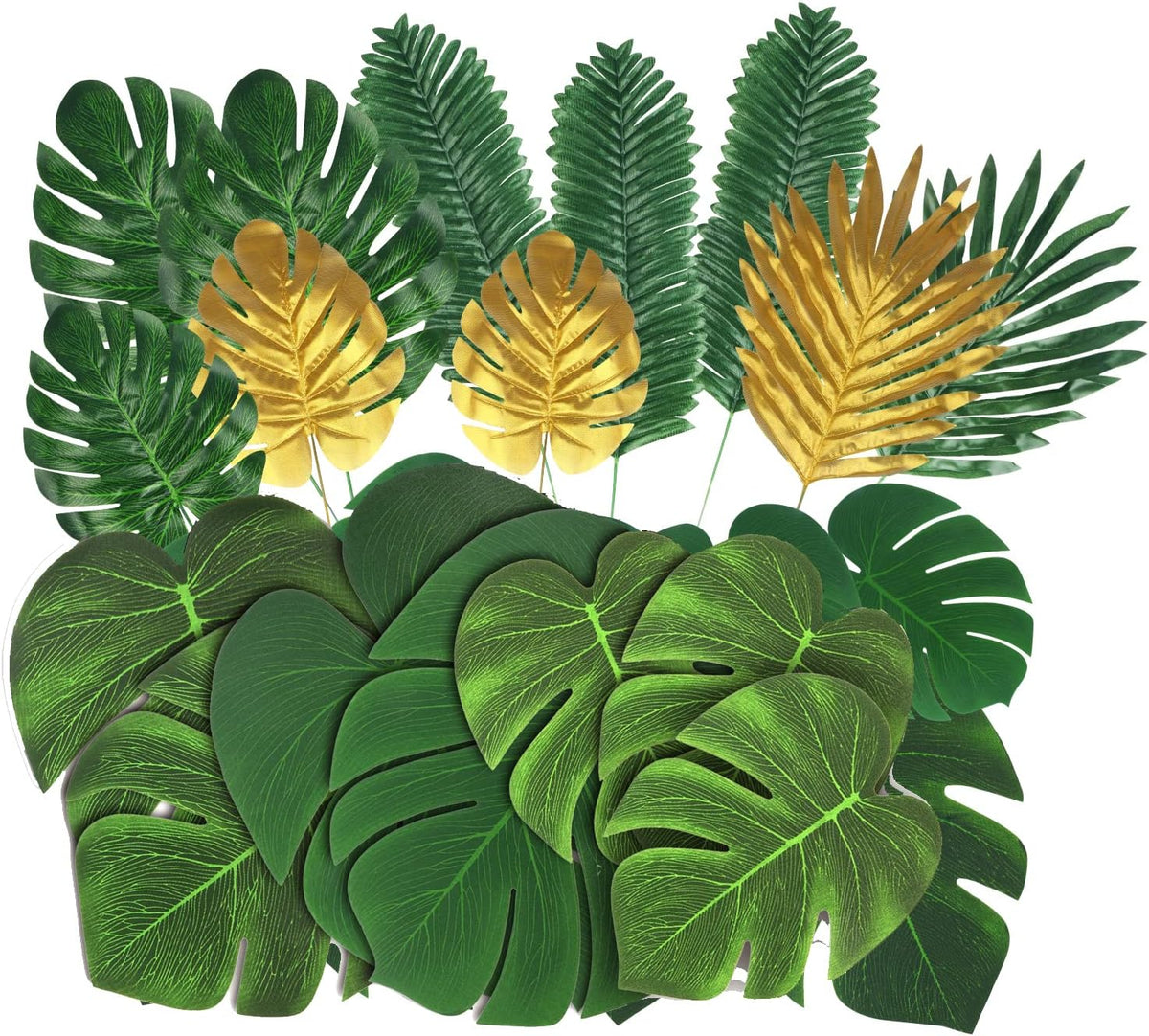 4 Kinds Artificial Palm Leaves with Faux Stems Tropical Plant Leaves Monstera Leaves Safari Leaves for Hawaiian Luau Party Jungle Beach Table Leave Decorations