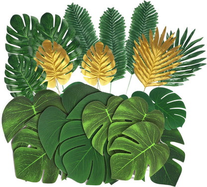4 Kinds Artificial Palm Leaves with Faux Stems Tropical Plant Leaves Monstera Leaves Safari Leaves for Hawaiian Luau Party Jungle Beach Table Leave Decorations