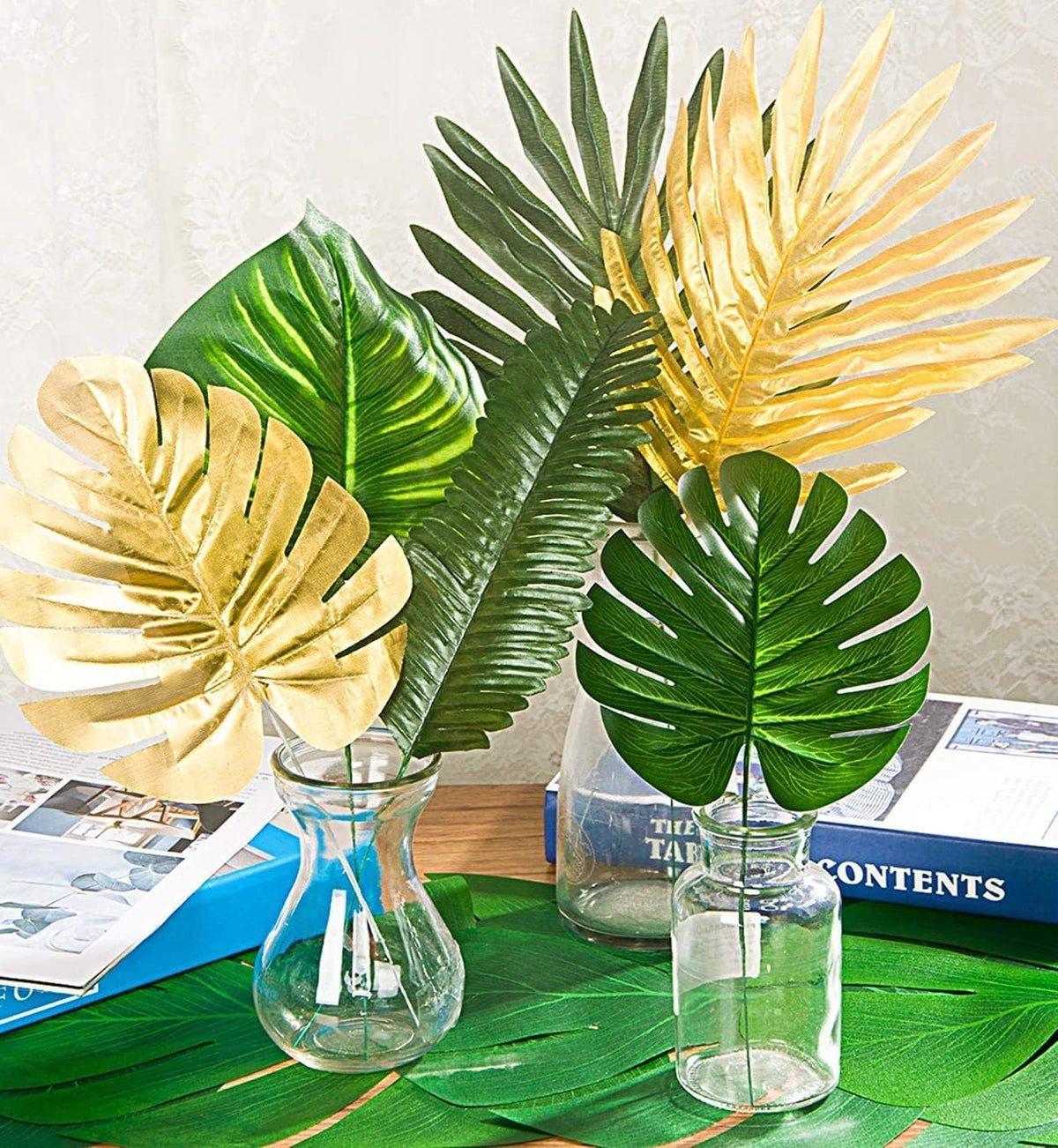 4 Kinds Artificial Palm Leaves with Faux Stems Tropical Plant Leaves Monstera Leaves Safari Leaves for Hawaiian Luau Party Jungle Beach Table Leave Decorations