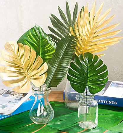 4 Kinds Artificial Palm Leaves with Faux Stems Tropical Plant Leaves Monstera Leaves Safari Leaves for Hawaiian Luau Party Jungle Beach Table Leave Decorations