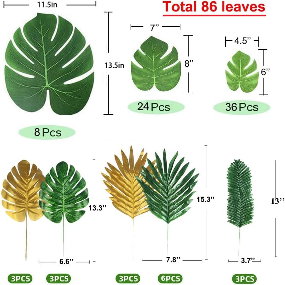 4 Kinds Artificial Palm Leaves with Faux Stems Tropical Plant Leaves Monstera Leaves Safari Leaves for Hawaiian Luau Party Jungle Beach Table Leave Decorations