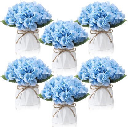 6 Set Hydrangea Centerpieces for Tables Blue Hydrangea Artificial Flowers Bouquet with Small Plastic Vase for Summer Home Wedding Table Centerpieces Bridal Shower Garden Tea Party Decor