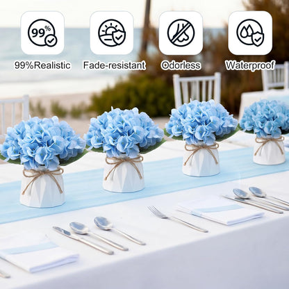 6 Set Hydrangea Centerpieces for Tables Blue Hydrangea Artificial Flowers Bouquet with Small Plastic Vase for Summer Home Wedding Table Centerpieces Bridal Shower Garden Tea Party Decor