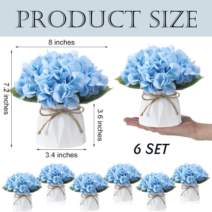 6 Set Hydrangea Centerpieces for Tables Blue Hydrangea Artificial Flowers Bouquet with Small Plastic Vase for Summer Home Wedding Table Centerpieces Bridal Shower Garden Tea Party Decor