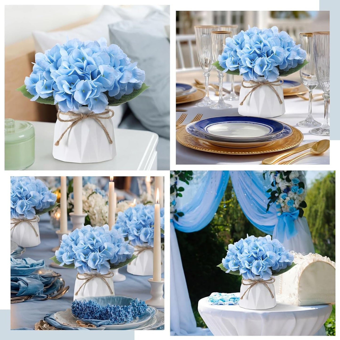 6 Set Hydrangea Centerpieces for Tables Blue Hydrangea Artificial Flowers Bouquet with Small Plastic Vase for Summer Home Wedding Table Centerpieces Bridal Shower Garden Tea Party Decor