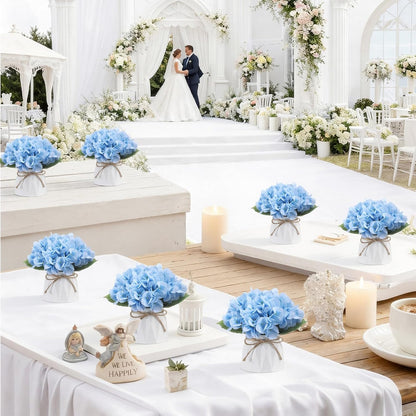 6 Set Hydrangea Centerpieces for Tables Blue Hydrangea Artificial Flowers Bouquet with Small Plastic Vase for Summer Home Wedding Table Centerpieces Bridal Shower Garden Tea Party Decor