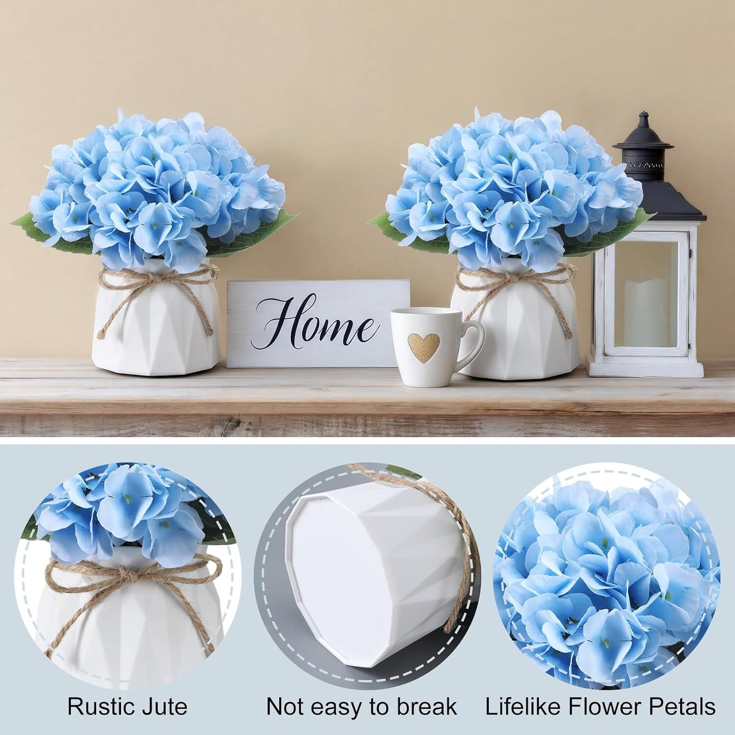 6 Set Hydrangea Centerpieces for Tables Blue Hydrangea Artificial Flowers Bouquet with Small Plastic Vase for Summer Home Wedding Table Centerpieces Bridal Shower Garden Tea Party Decor