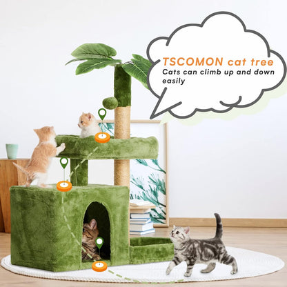 31.5in Multi-Level Cat Tower with Sisal Scratching Posts, Hidden Cave & Perch Platform, Large Cat Condo for 1-3 Cats, Eco-Friendly Pet Furniture with Realistic Leaves, Green