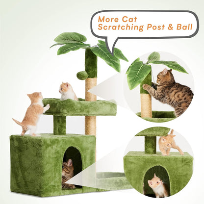 31.5in Multi-Level Cat Tower with Sisal Scratching Posts, Hidden Cave & Perch Platform, Large Cat Condo for 1-3 Cats, Eco-Friendly Pet Furniture with Realistic Leaves, Green