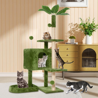 31.5in Multi-Level Cat Tower with Sisal Scratching Posts, Hidden Cave & Perch Platform, Large Cat Condo for 1-3 Cats, Eco-Friendly Pet Furniture with Realistic Leaves, Green