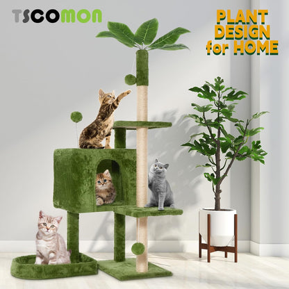 31.5in Multi-Level Cat Tower with Sisal Scratching Posts, Hidden Cave & Perch Platform, Large Cat Condo for 1-3 Cats, Eco-Friendly Pet Furniture with Realistic Leaves, Green