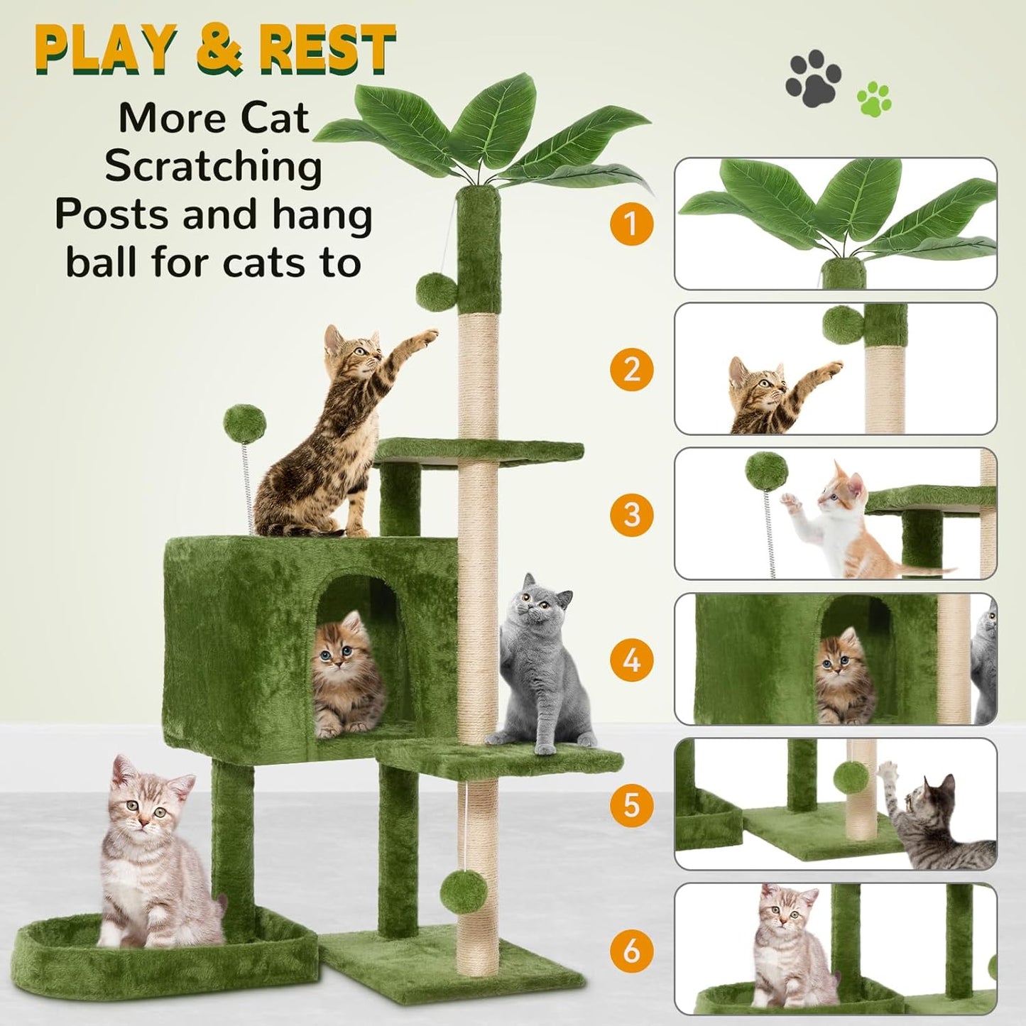 31.5in Multi-Level Cat Tower with Sisal Scratching Posts, Hidden Cave & Perch Platform, Large Cat Condo for 1-3 Cats, Eco-Friendly Pet Furniture with Realistic Leaves, Green