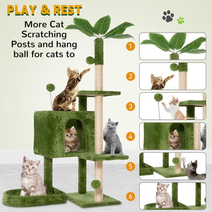 31.5in Multi-Level Cat Tower with Sisal Scratching Posts, Hidden Cave & Perch Platform, Large Cat Condo for 1-3 Cats, Eco-Friendly Pet Furniture with Realistic Leaves, Green