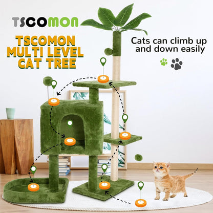 31.5in Multi-Level Cat Tower with Sisal Scratching Posts, Hidden Cave & Perch Platform, Large Cat Condo for 1-3 Cats, Eco-Friendly Pet Furniture with Realistic Leaves, Green