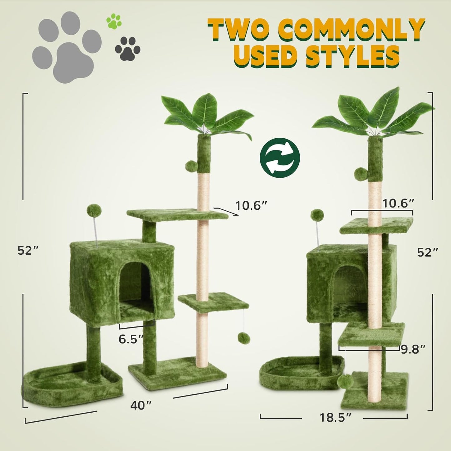31.5in Multi-Level Cat Tower with Sisal Scratching Posts, Hidden Cave & Perch Platform, Large Cat Condo for 1-3 Cats, Eco-Friendly Pet Furniture with Realistic Leaves, Green