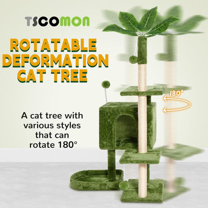 31.5in Multi-Level Cat Tower with Sisal Scratching Posts, Hidden Cave & Perch Platform, Large Cat Condo for 1-3 Cats, Eco-Friendly Pet Furniture with Realistic Leaves, Green
