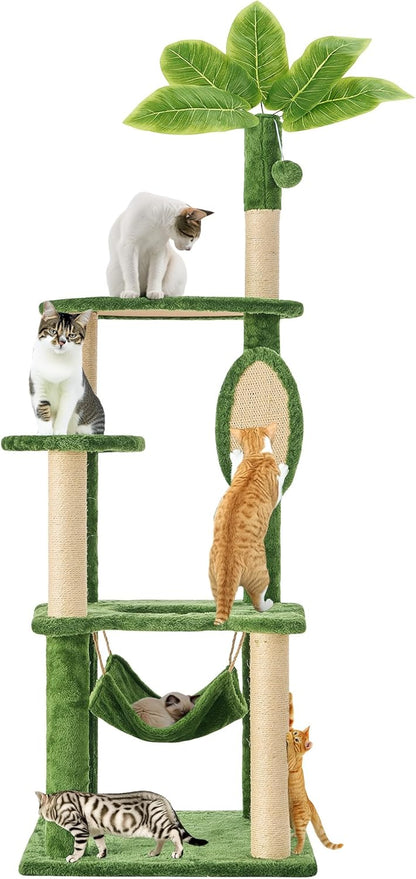 31.5in Multi-Level Cat Tower with Sisal Scratching Posts, Hidden Cave & Perch Platform, Large Cat Condo for 1-3 Cats, Eco-Friendly Pet Furniture with Realistic Leaves, Green