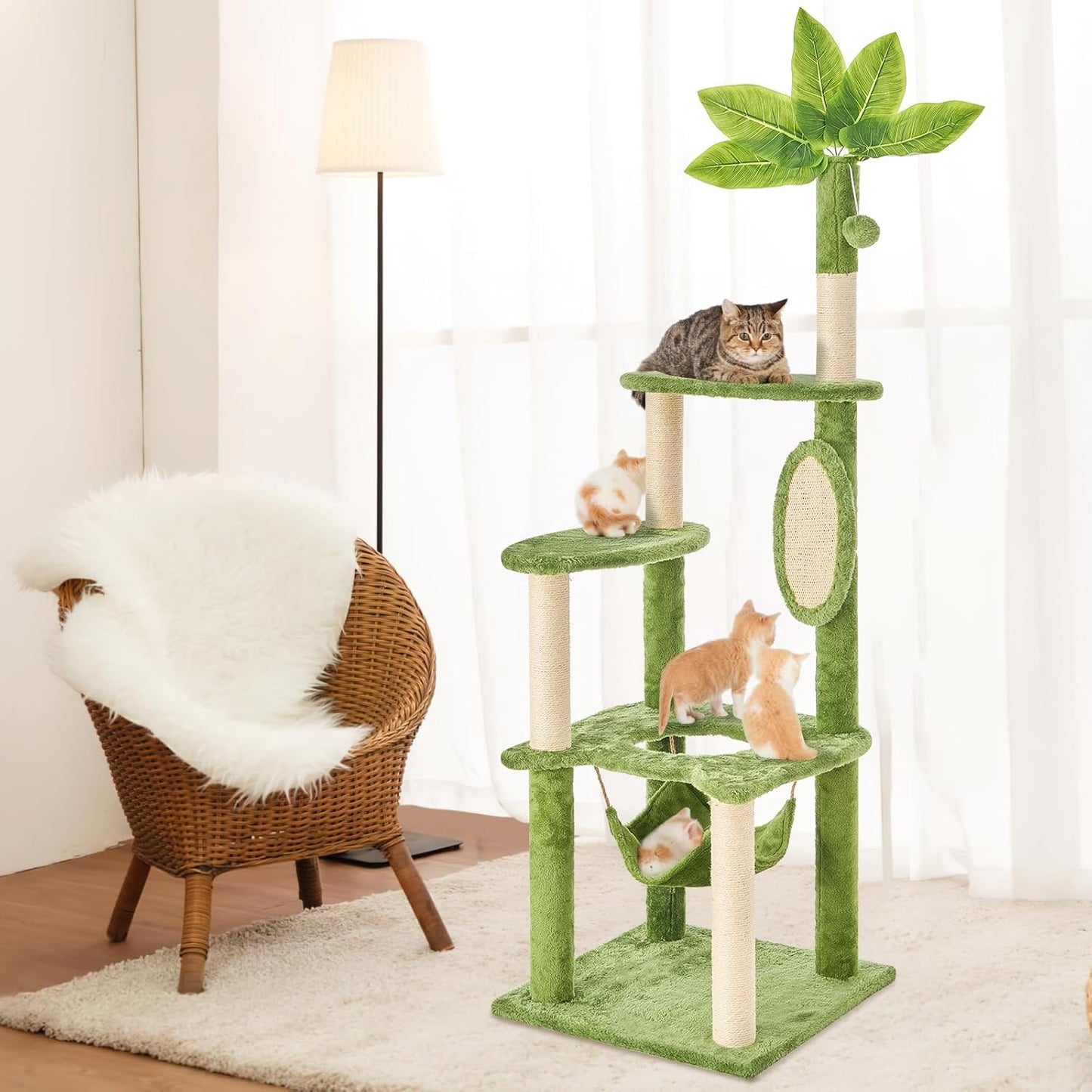 31.5in Multi-Level Cat Tower with Sisal Scratching Posts, Hidden Cave & Perch Platform, Large Cat Condo for 1-3 Cats, Eco-Friendly Pet Furniture with Realistic Leaves, Green