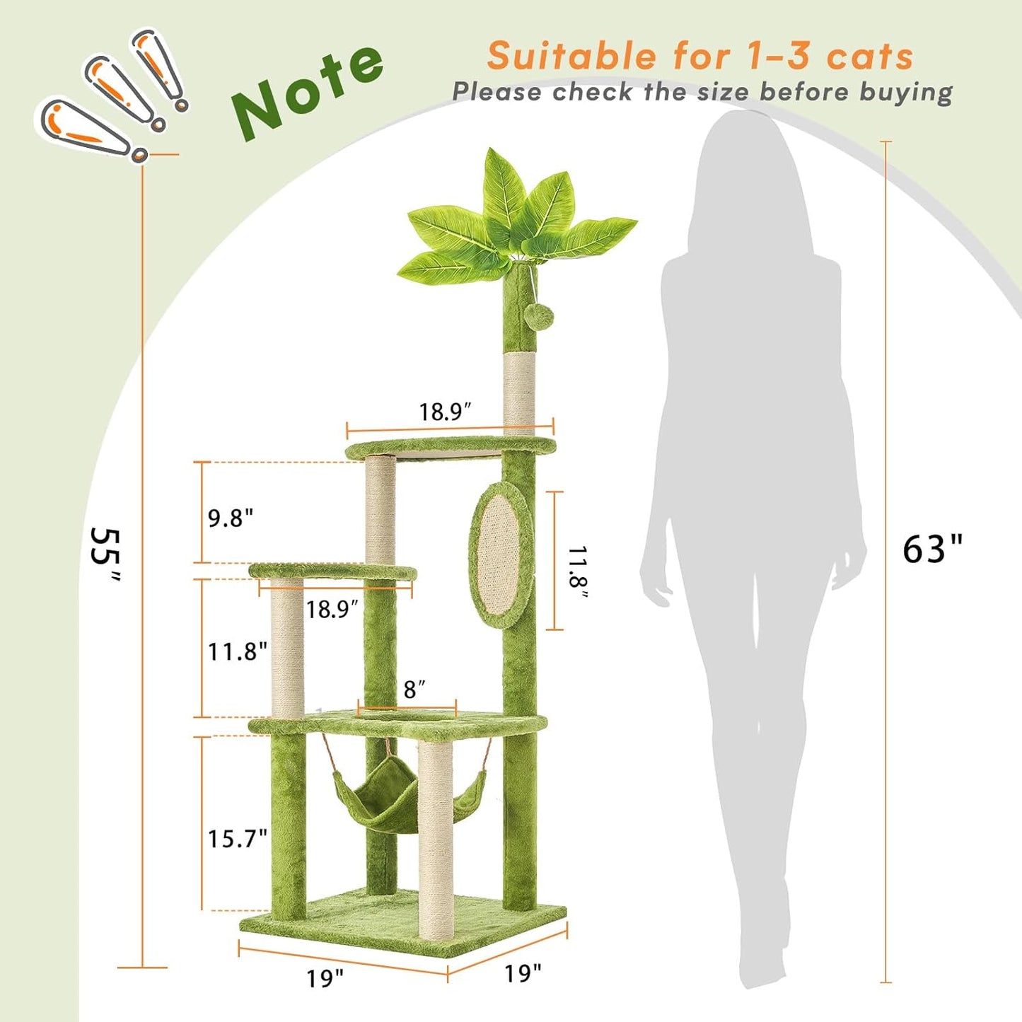 31.5in Multi-Level Cat Tower with Sisal Scratching Posts, Hidden Cave & Perch Platform, Large Cat Condo for 1-3 Cats, Eco-Friendly Pet Furniture with Realistic Leaves, Green