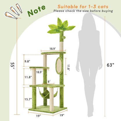 31.5in Multi-Level Cat Tower with Sisal Scratching Posts, Hidden Cave & Perch Platform, Large Cat Condo for 1-3 Cats, Eco-Friendly Pet Furniture with Realistic Leaves, Green