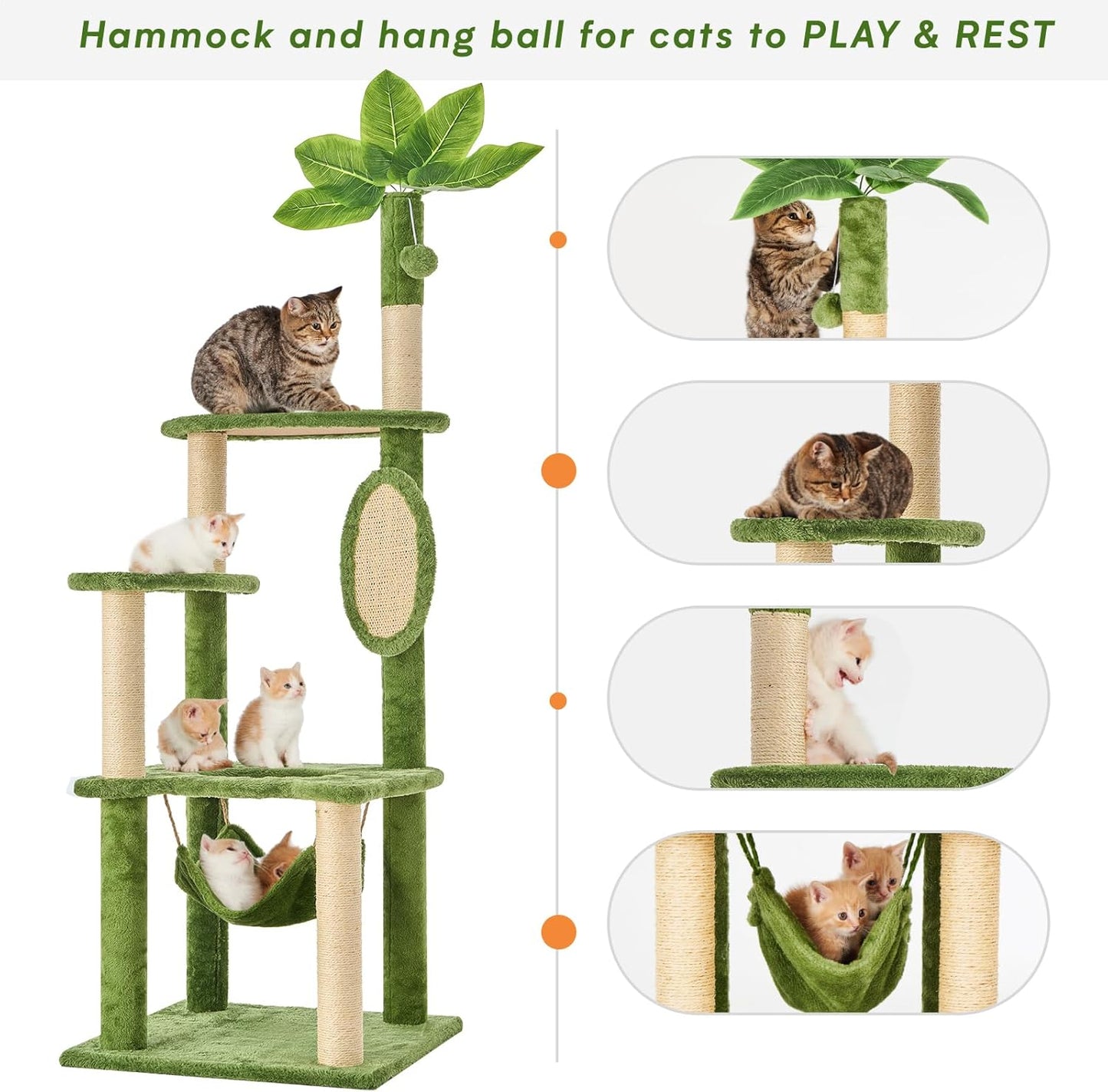31.5in Multi-Level Cat Tower with Sisal Scratching Posts, Hidden Cave & Perch Platform, Large Cat Condo for 1-3 Cats, Eco-Friendly Pet Furniture with Realistic Leaves, Green
