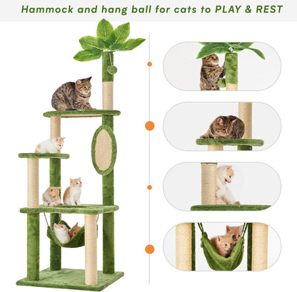31.5in Multi-Level Cat Tower with Sisal Scratching Posts, Hidden Cave & Perch Platform, Large Cat Condo for 1-3 Cats, Eco-Friendly Pet Furniture with Realistic Leaves, Green