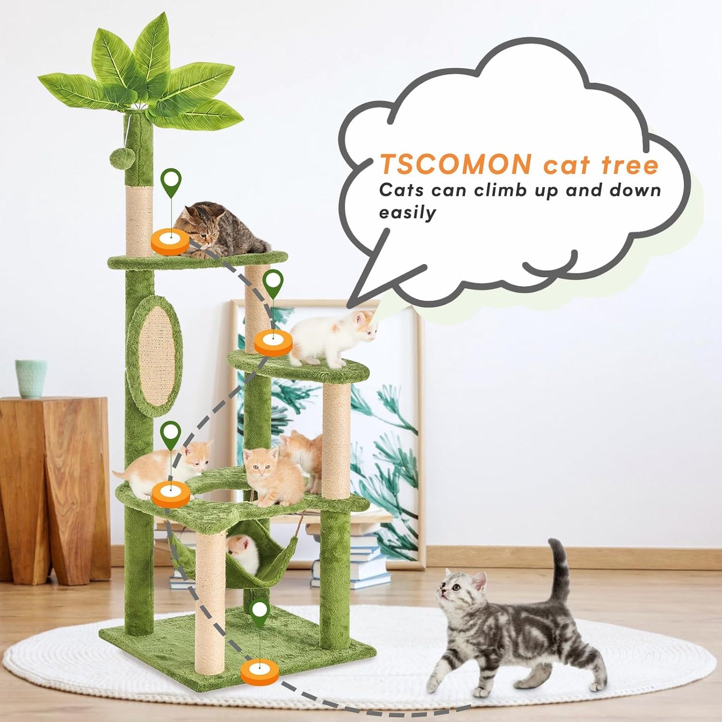31.5in Multi-Level Cat Tower with Sisal Scratching Posts, Hidden Cave & Perch Platform, Large Cat Condo for 1-3 Cats, Eco-Friendly Pet Furniture with Realistic Leaves, Green