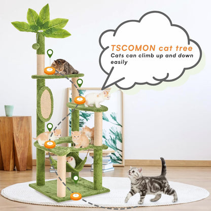 31.5in Multi-Level Cat Tower with Sisal Scratching Posts, Hidden Cave & Perch Platform, Large Cat Condo for 1-3 Cats, Eco-Friendly Pet Furniture with Realistic Leaves, Green