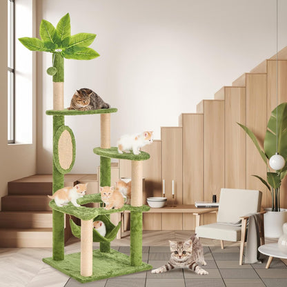 31.5in Multi-Level Cat Tower with Sisal Scratching Posts, Hidden Cave & Perch Platform, Large Cat Condo for 1-3 Cats, Eco-Friendly Pet Furniture with Realistic Leaves, Green