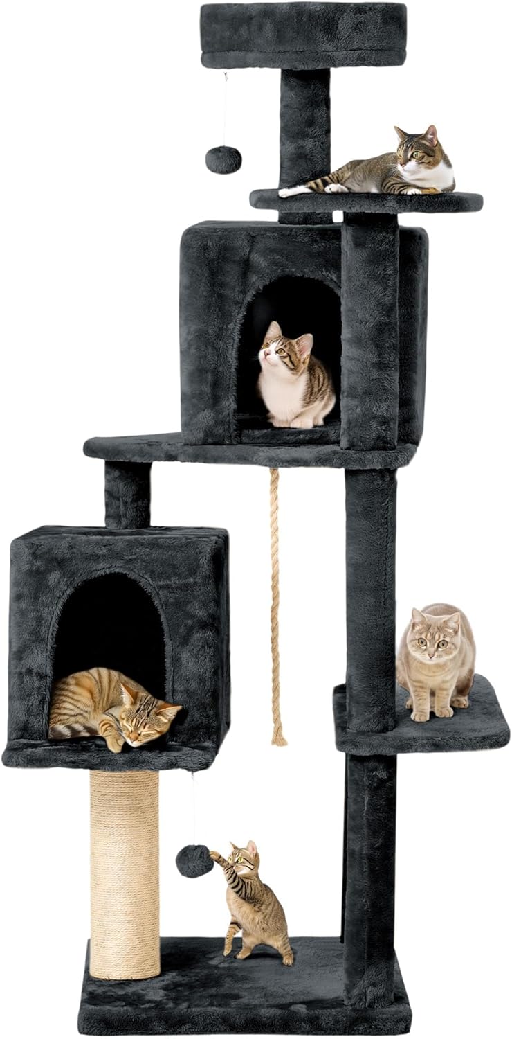 31.5in Multi-Level Cat Tower with Sisal Scratching Posts, Hidden Cave & Perch Platform, Large Cat Condo for 1-3 Cats, Eco-Friendly Pet Furniture with Realistic Leaves, Green