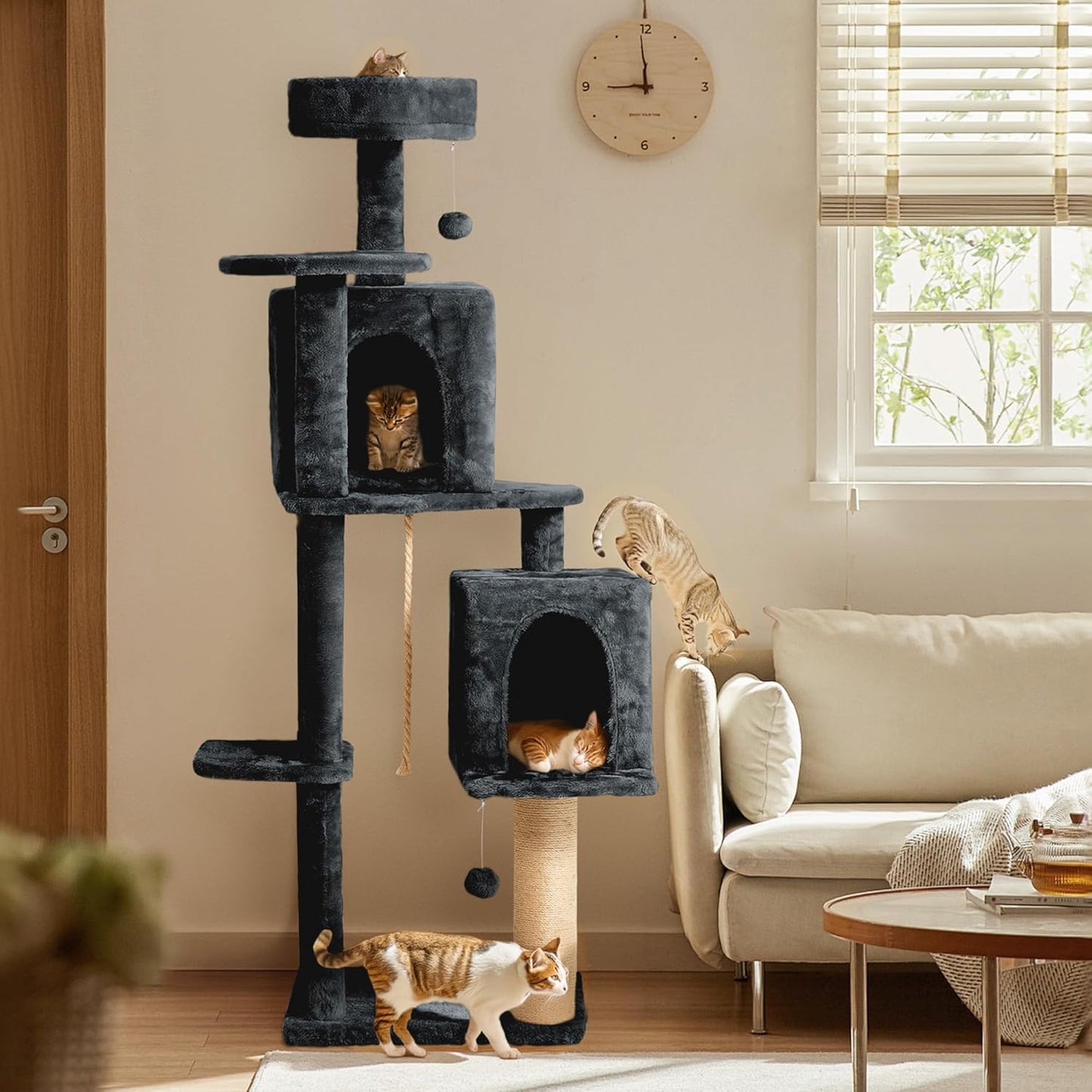 31.5in Multi-Level Cat Tower with Sisal Scratching Posts, Hidden Cave & Perch Platform, Large Cat Condo for 1-3 Cats, Eco-Friendly Pet Furniture with Realistic Leaves, Green