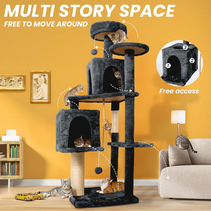31.5in Multi-Level Cat Tower with Sisal Scratching Posts, Hidden Cave & Perch Platform, Large Cat Condo for 1-3 Cats, Eco-Friendly Pet Furniture with Realistic Leaves, Green