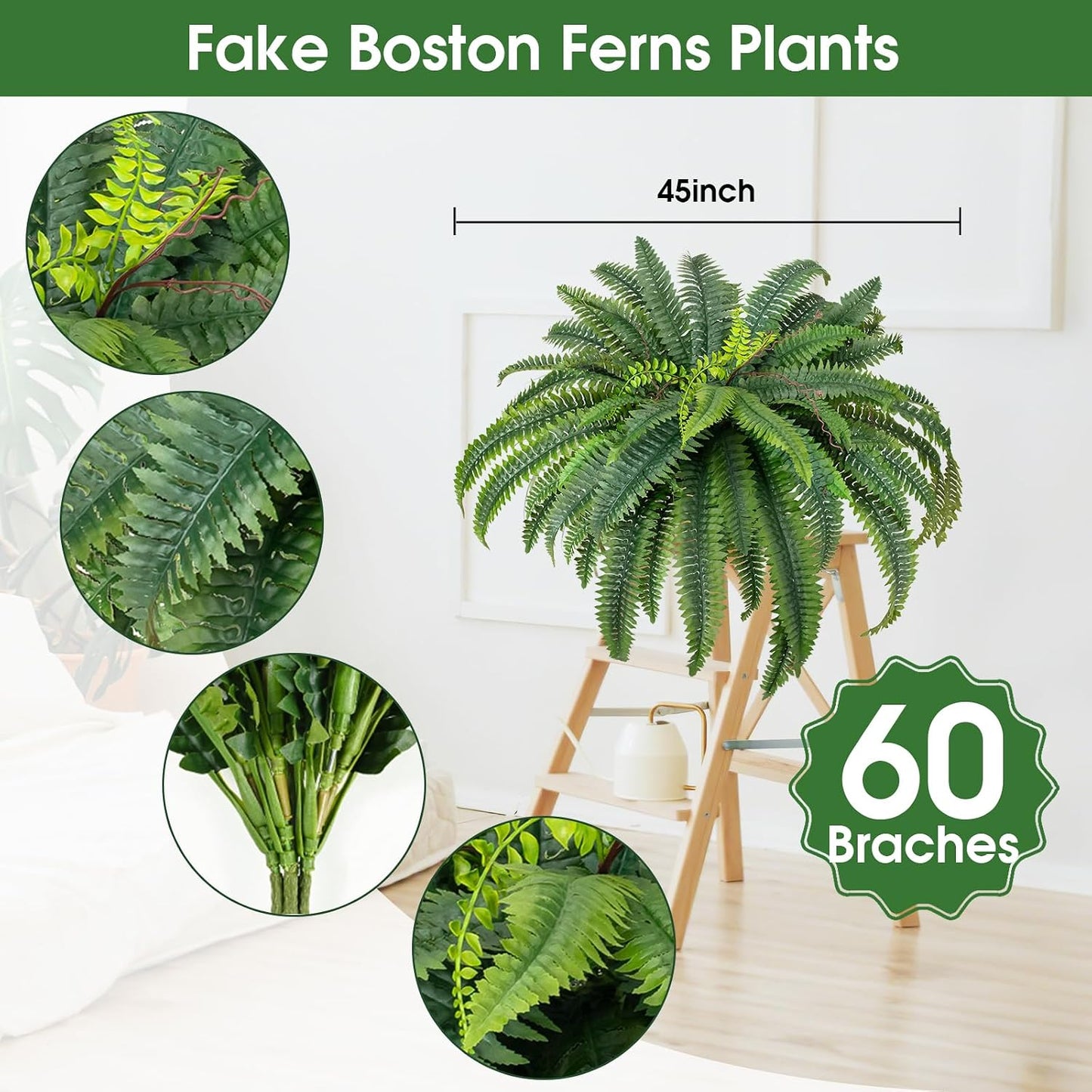 45" Fake Ferns Artificial Plants Large,Set of 2 Artificial Boston Ferns Faux Hanging Fake Plants for Outdoors Planter Home Garden Decor,60 Branches