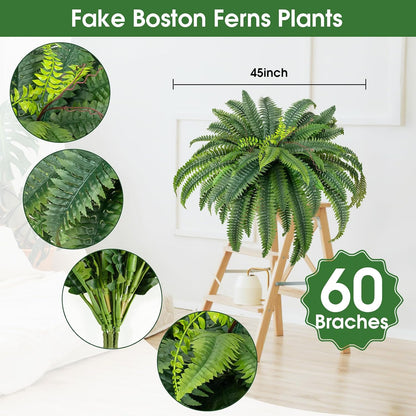 45" Fake Ferns Artificial Plants Large,Set of 2 Artificial Boston Ferns Faux Hanging Fake Plants for Outdoors Planter Home Garden Decor,60 Branches