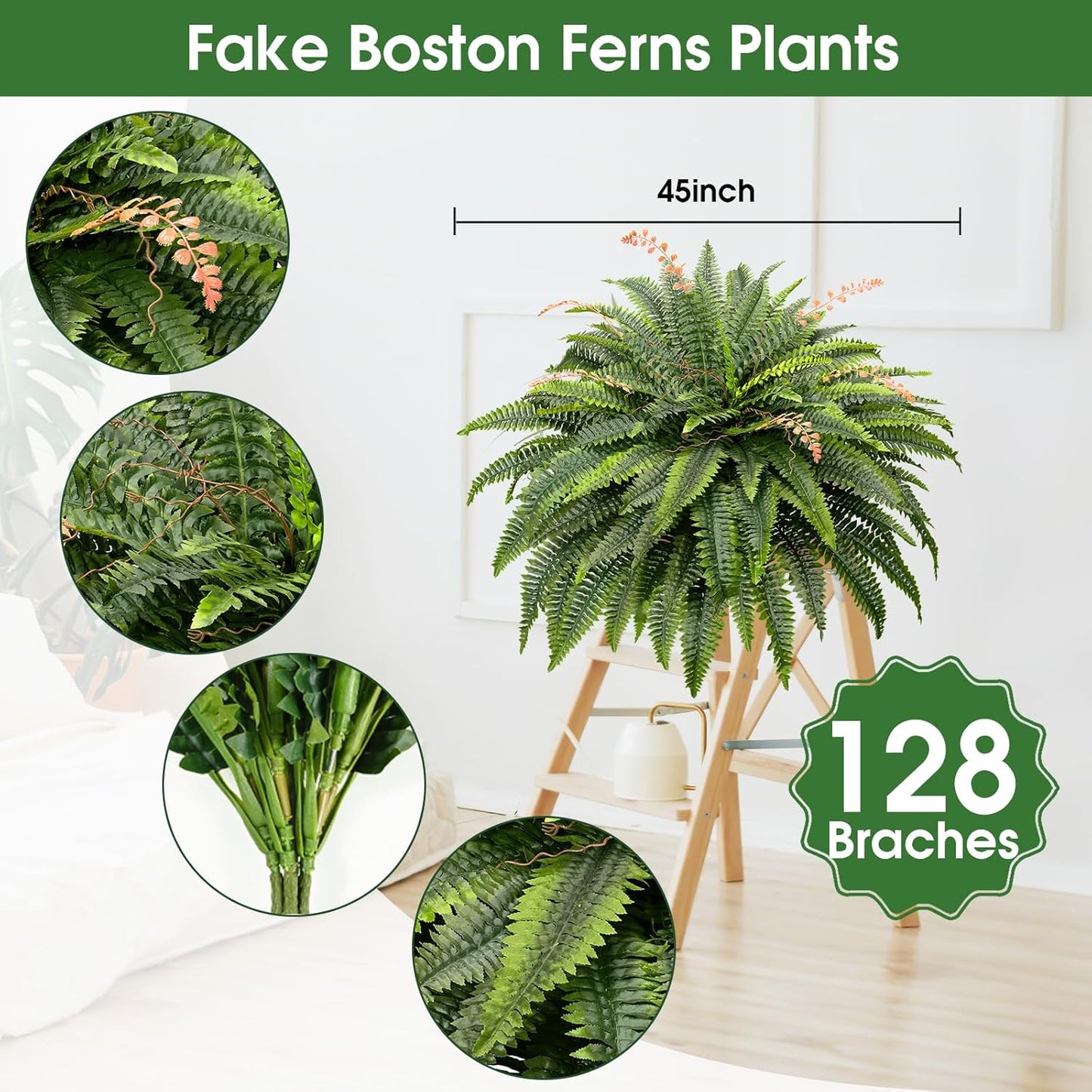 45" Fake Ferns Artificial Plants Large,Set of 2 Artificial Boston Ferns Faux Hanging Fake Plants for Outdoors Planter Home Garden Decor,60 Branches