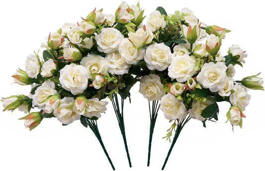 Small White Mini Roses Bouquet, Realistic Creamy White Flowers, Faux Wildflowers Bush for Decoration, Perfect for Weddings and Parties, 11'', Set of 4